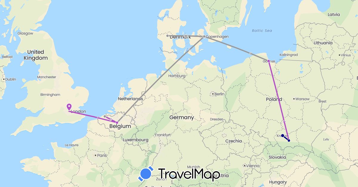 TravelMap itinerary: driving, plane, train in Belgium, Denmark, United Kingdom, Poland (Europe)