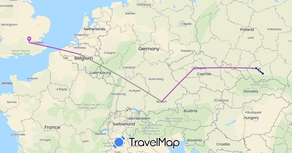 TravelMap itinerary: driving, plane, train in Belgium, Czech Republic, Germany, United Kingdom, Poland (Europe)